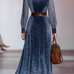 Vintage Blue Leopard Print Shirt Collar See-Through Long Sleeve Dress
