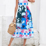 High Waisted Sleeveless Pleated Printed Split-Joint Collarless Midi Dresses Slip Dress