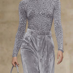 Long Sleeves Skinny Leopard High Neck T-Shirts Tops