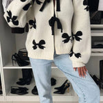 Vernie Knit Jewelry Pendant Bow Pattern Front Tie-up Long Sleeve Loose Cardigan