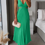 V Neck Cut Out Waist Sleeveless Pleated Maxi Dress