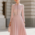 Elegant Blush Pink Pleated Midi Dress With Stand Collar