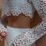 Balmy Summers Crochet Lace Floral Pattern Long Sleeve Crop Vacation Top