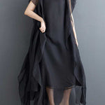 Loose Ruffle Sleeves Falbala Ruffled Solid Color Round-neck Midi Dresses