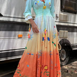 Gigi Unique Pattern Gradient Print Smocked Elastic Waist Fringed Maxi Dress