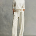 Women's Cream Soft Knit Chic Turtleneck Top & Flowy Wide-Leg Pant Set
