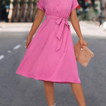 A-Line High Waisted Buttoned Solid Color Tied Waist Lapel Collar Midi Dresses Shirt Dress