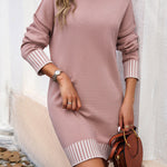 Long Sleeves Loose Contrast Color Split-Joint Mock Neck Mini Dresses Sweater Dresses