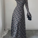 A-Line Flared Sleeves Contrast Color High-Waisted Plaid Square-Neck Maxi Dresses