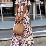 Unique Print V-Neck Waist Holiday Maxi Dress