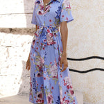 A-Line Loose Buttoned Flower Print Tied Waist Lapel Midi Dresses