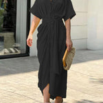 Elasticated Waist High Waisted Buttoned Pleated Solid Color Split-Joint Tied Waist Lapel Maxi Dresses Shirt Dress