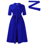 A-Line Loose Pleated Pockets Solid Color Tied Waist Notched Collar Midi Dresses