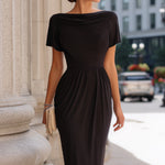 Draped Neckline Short-Sleeve Midi Dress