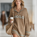 Women's Loose Letter Jacquard Zipper Lapel Mini Knit Dress