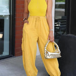 Loose Drawstring Elasticity Pockets Solid Color Casual Pants Bottoms Cropped Trousers Trousers