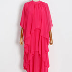 Loose Raglan Sleeve Solid Color Tiered Stand Collar Maxi Dresses