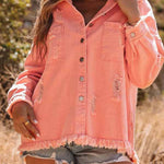 Distressed Raw Hem Denim Jacket with Chest Pockets