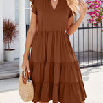 Loose Ruffle Sleeves Pleated Pockets Solid Color Split-Joint V-Neck Midi Dresses