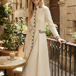 A-Line Elasticated Waist Belted Buttoned Contrast Color Line Split-Joint Stand Collar Maxi Dresses