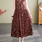 Loose Oversize Drawstring Floral Printed Round-Neck Midi Dresses