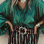 Cheers To That Glitter Fabric Button Up Balloon Sleeve Loose Blouse