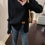 Long Sleeves Loose Split-Front Mock Neck Pullovers Sweater Tops