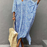 Batwing Sleeves Loose Leopard Split-Side Sun Protection V-Neck Cover-Ups Swimwear Maxi Dresses