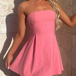 A-Line Loose Backless Pleated Solid Color Split-Joint Tied Tube Mini Dresses