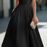 Cap-Sleeve Deep V-Neck Pleated Midi Dress
