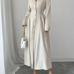A-Line High Waisted Buttoned Pleated Solid Color Split-Joint Notched Collar Maxi Dresses Shirt Dress