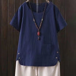 Women'S Solid Color Cotton And Linen Round Neck Button Short Sleeve Irregular Slit At Hem Button Blouse