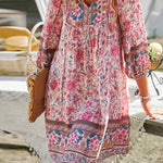 A-Line Loose Contrast Color Flower Print Pleated V-Neck Mini Dresses