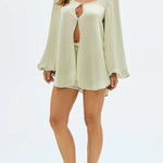 Alexis Satin Cutout Button Balloon Sleeve Shirt and Mid Waist Bow Detail Pocket Shorts Set