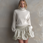 Women's Elegant White Knitted Turtleneck Long-sleeved Top Paired With A Woven Flared Short Skirt