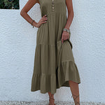 Loose Sleeveless Pleated Split-Joint V-Neck Midi Dresses