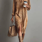 Loose Corduroy Double Chest Pocket Single Breasted Midi Dress