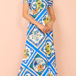 Art Blue Square Collar Print Linen Long Dresses Summer