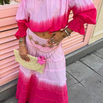 Fashionable Gradient Off Shoulder Long Sleeve Top and Resort Style Spliced Maxi Skirt Set
