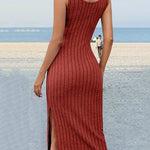 Skinny Sleeveless Solid Color Split-Side Striped U-Neck Midi Dresses