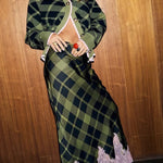 Holiday plaid Satin Unique Print Patchwork Lace Stretch Waist Draped Maxi Skirt