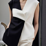 Loose Sleeveless Asymmetric Contrast Color V-Neck Vest Top