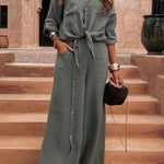 Solid Color Lapel Casual Button-down Shirt and Loose Pocket Slit Wide-leg Pants Set