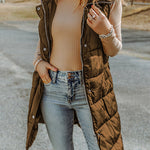 Hooded Pocketed Quilted Long Vest Coat