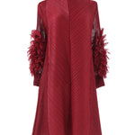 Long Sleeves Loose Embroidered Pleated Solid Color Round-Neck Midi Dresses
