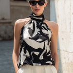 Abstract Print High-Neck Sleeveless Halter Blouse