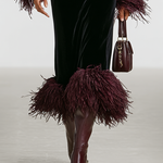 Women's Minimalist Velvet Patchwork Faux Ostrich Feather Cuffs And Hem Maxi Dress