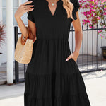 Loose Ruffle Sleeves Pleated Pockets Solid Color Split-Joint V-Neck Midi Dresses
