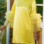 Half Sleeves Loose Shiny Solid Color Split-Joint Tulle Round-Neck Mini Dresses