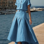 High Waisted High-Low Belted Pleated Solid Color Skirts Bottoms